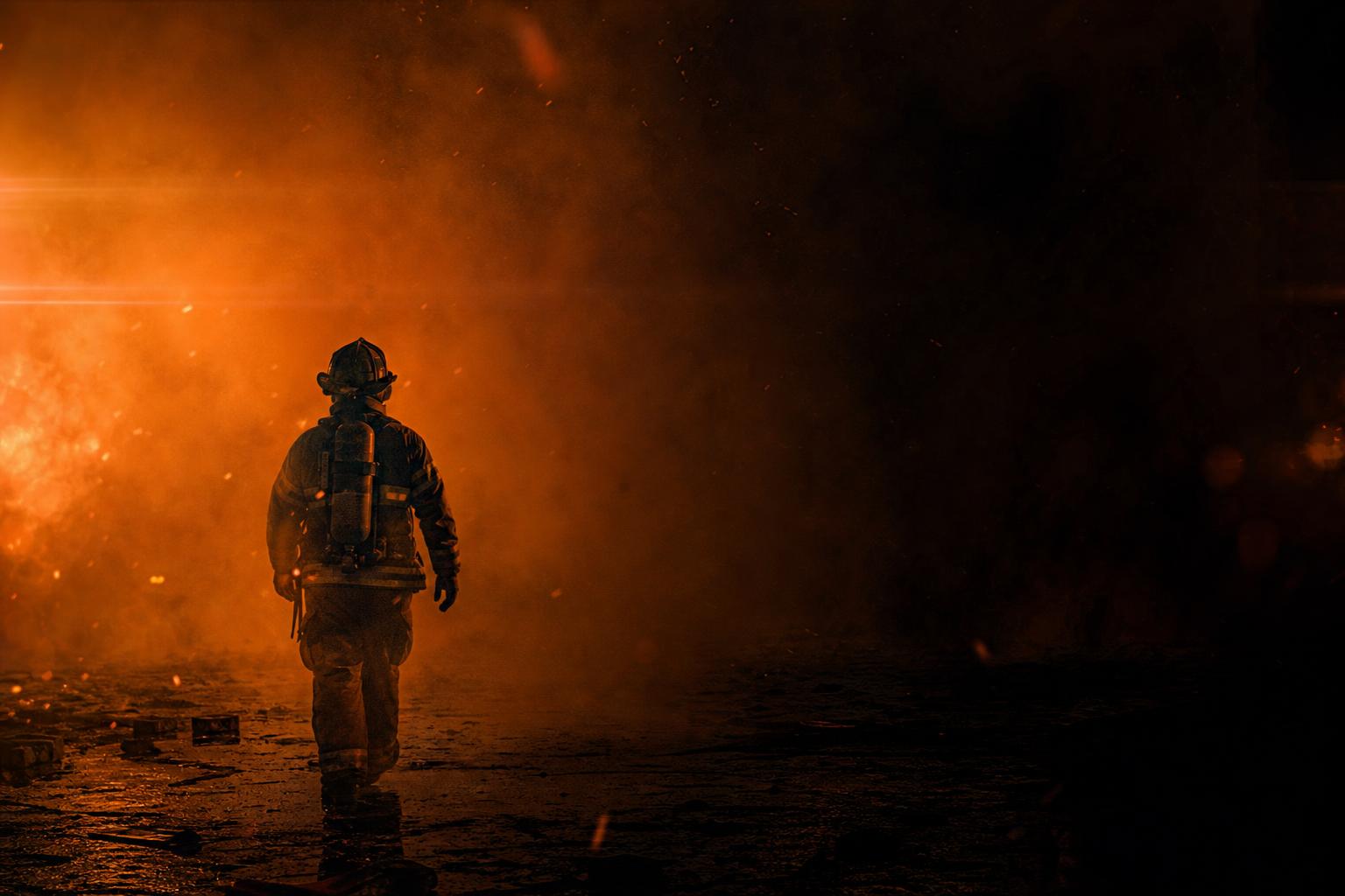 Firefighter walking out of glowing smoke at dusk